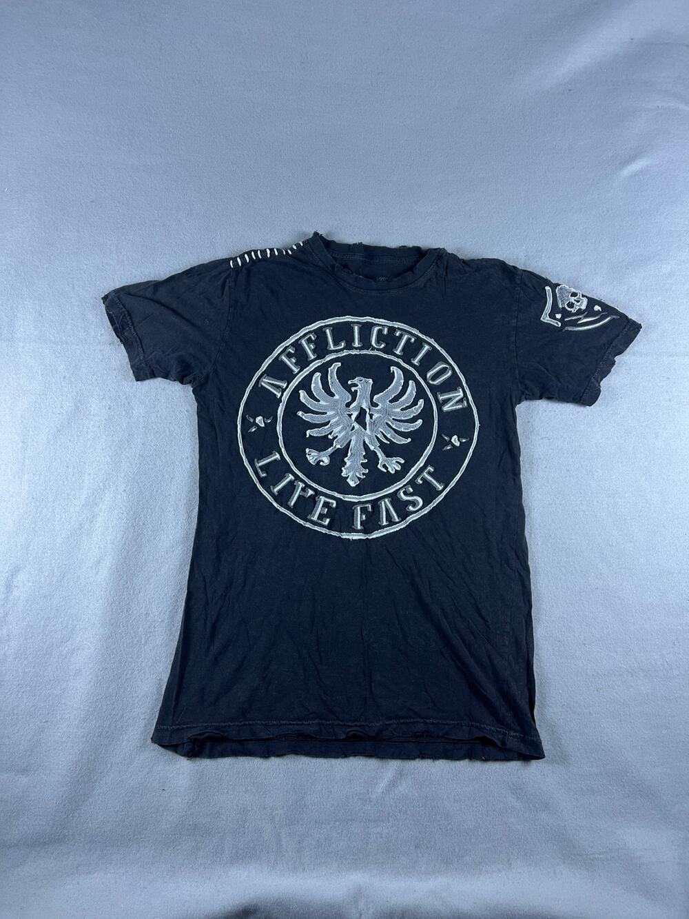 Vintage Affliction Live Fast T-Shirt Men M Black Eagle Skull Embroidered Y2K Tee